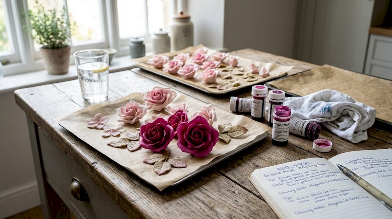 Gumpaste flowers drying on kitchen table