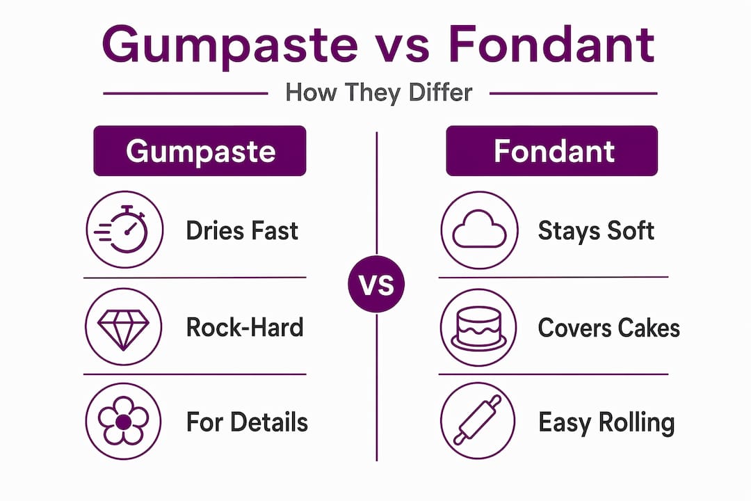 Infographic comparing gumpaste and fondant features