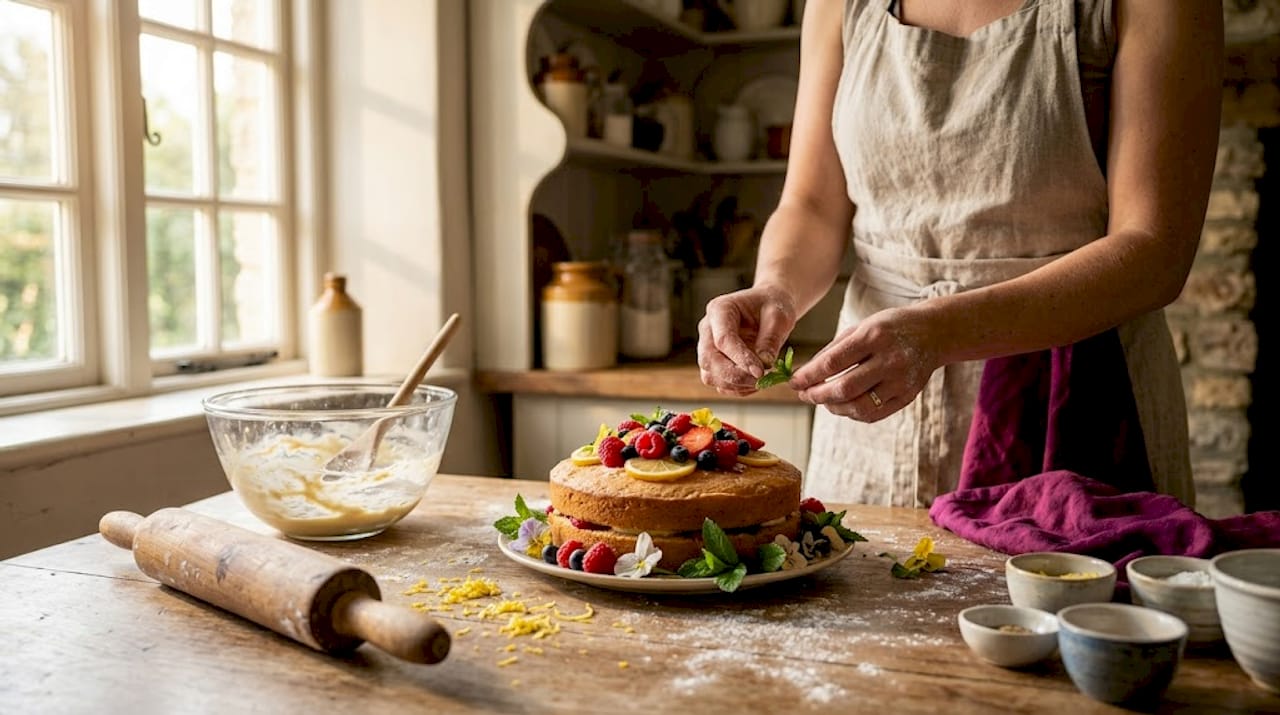 Woman arranging fruity summer cake in kitchen