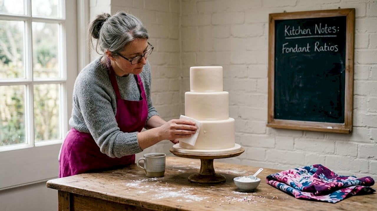 Decorator blotting condensation on fondant cake