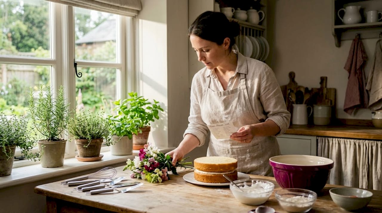 Baker checking flowers next to cake