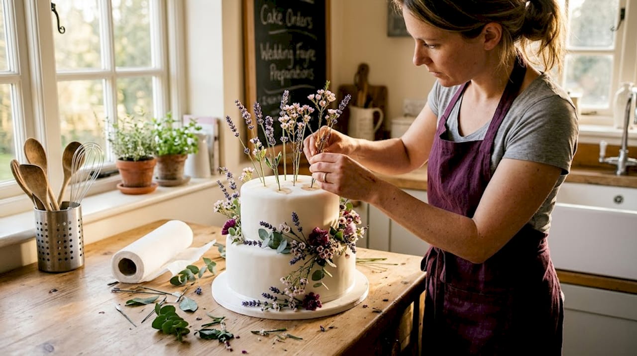 Cake with flowers inserted, showing mistakes