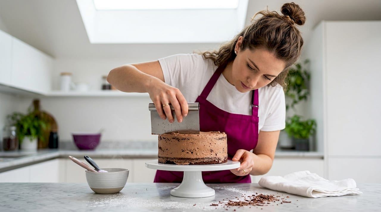 Applying crumb coat on chocolate cake